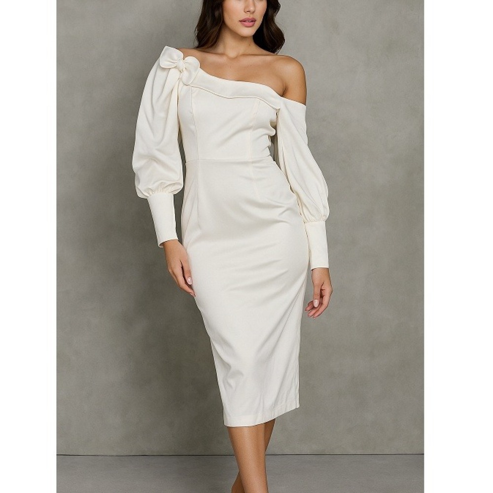 Fehaute Women's Off White‎ Satin Off-shoulder Midi Dress NWT Size XL